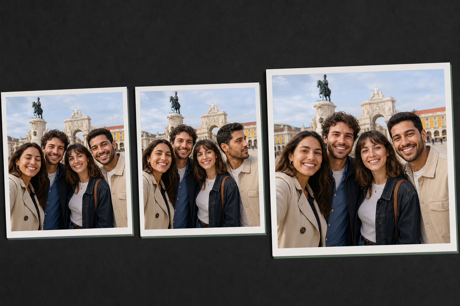 Three printed travel group photos showing two imperfect source takes and one natural final keeper photo