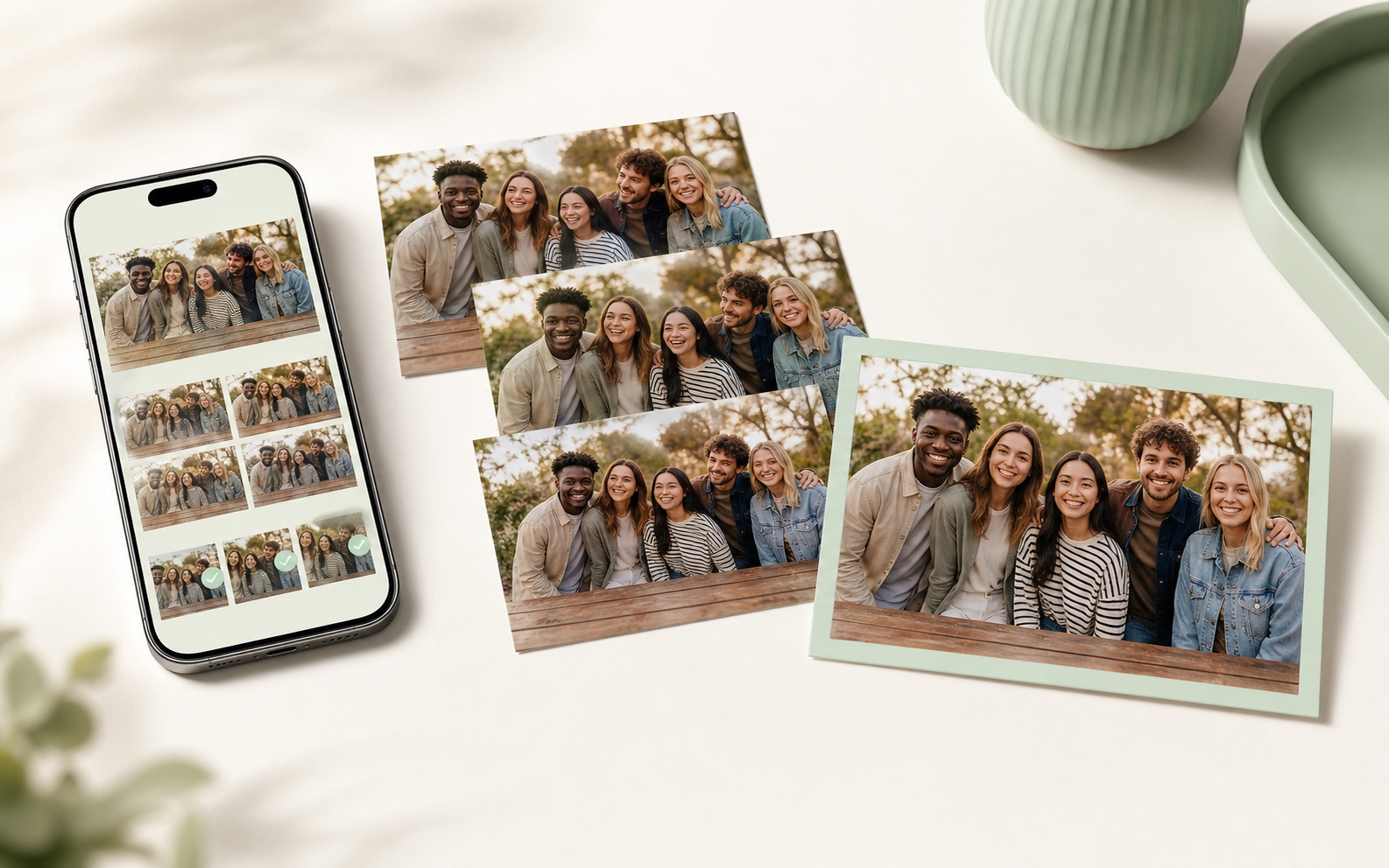Modern phone and printed group photos showing several source frames and one final keeper image
